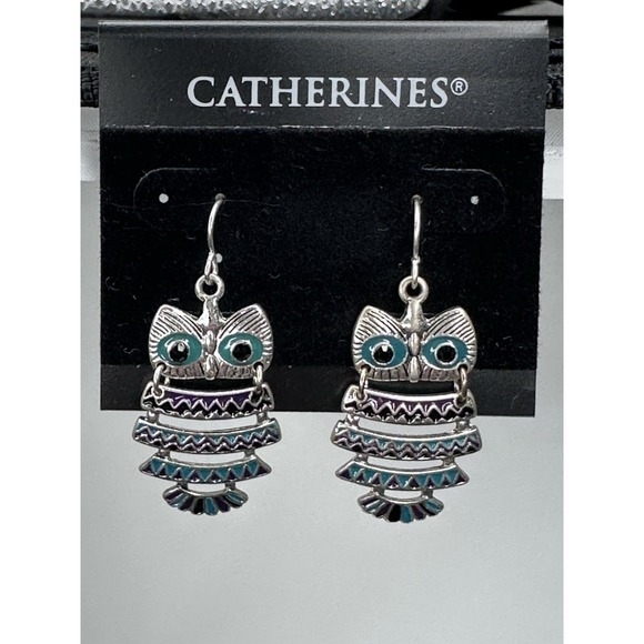 Catherines Jewelry - Catherines Owl Dangle Earrings Silver Tone Green & Purple Enamel Fish Hook Boho